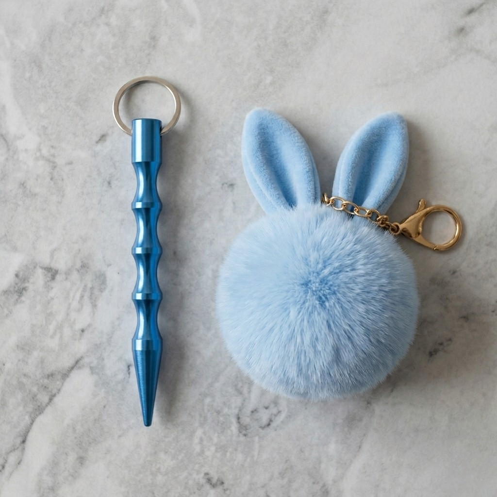 Women's blue metallic safety keychain set with a cute light blue fluffy pompom charm