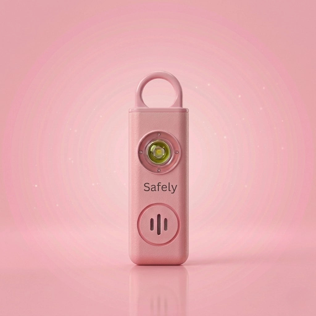 אביזר חילוץ ובטיחות אישי ורוד עם פנס חזק בשם Safelt של המותג SafeGirl על רקע ורוד ומנצנץ.