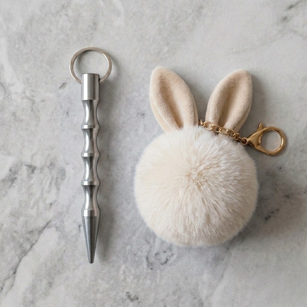 Women's silver metallic safety keychain set with a cute white fluffy pompom charm