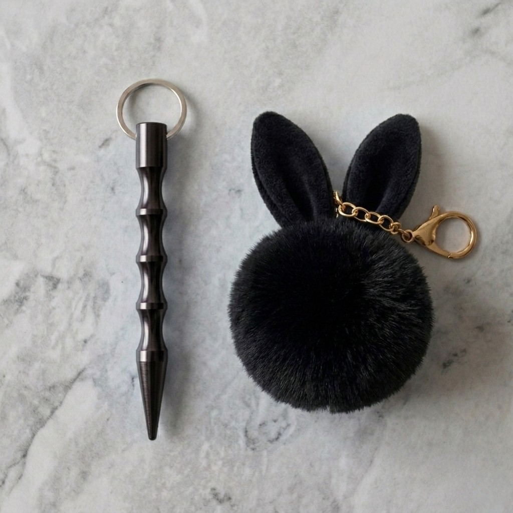 Women's black metallic safety keychain set with a cute fluffy pompom charm