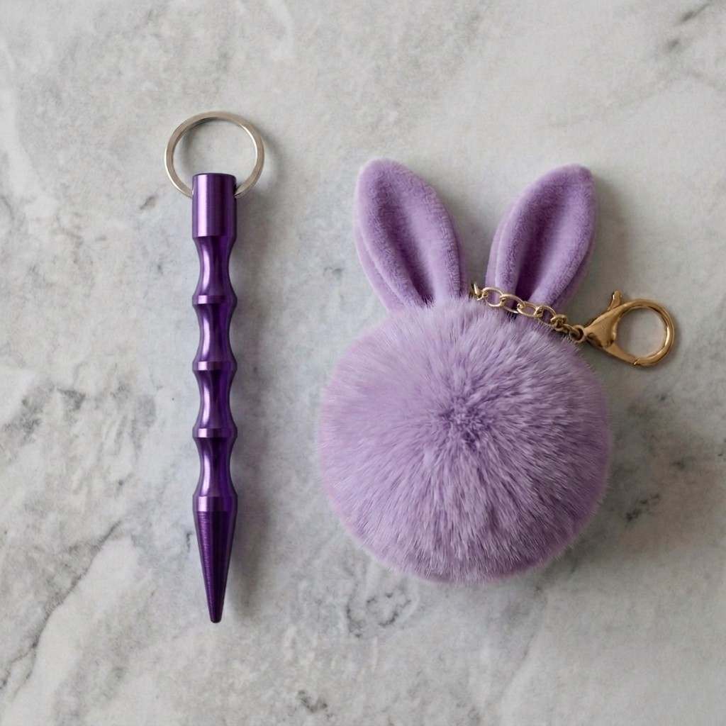 Women's purple metallic safety keychain set with a cute fluffy pompom charm.